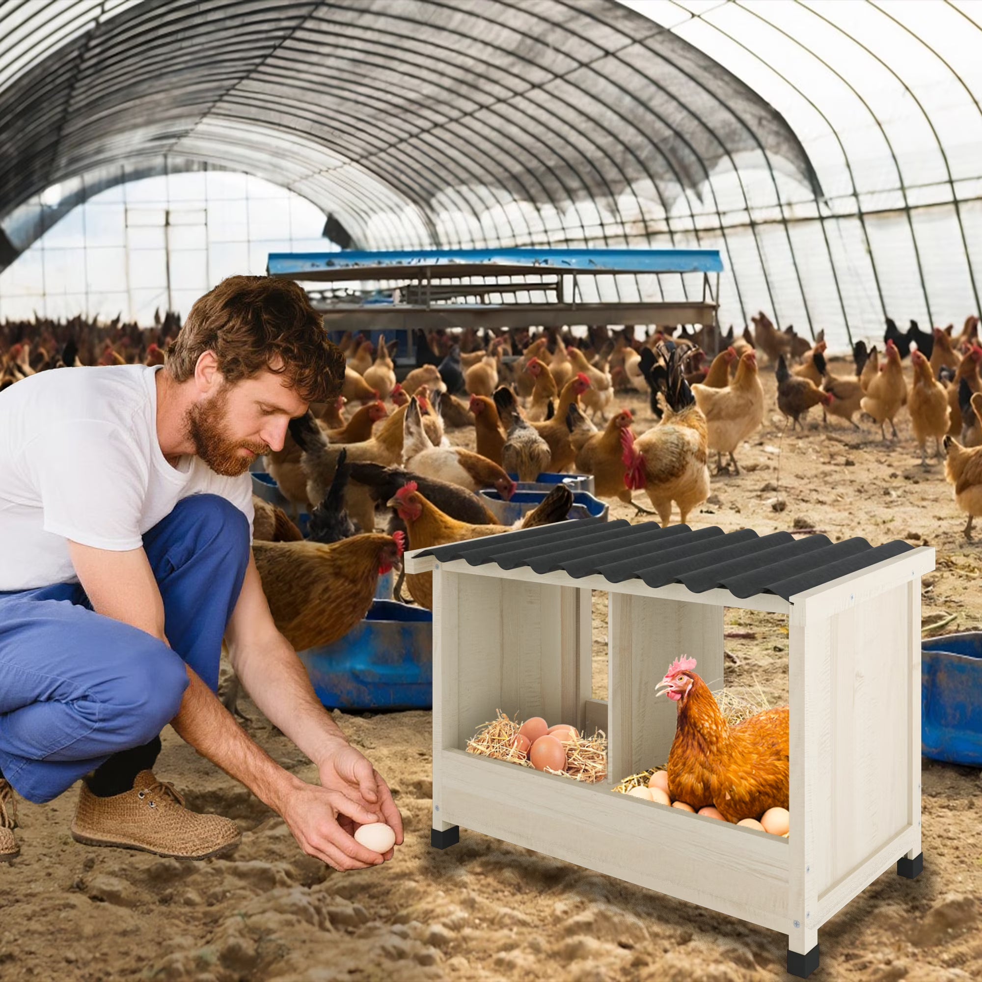 TIMHAKA Chicken Nesting Box, 2 Holes Wooden Chicken Coop w/ PVC Roof for Hens, Ducks, and Poultry