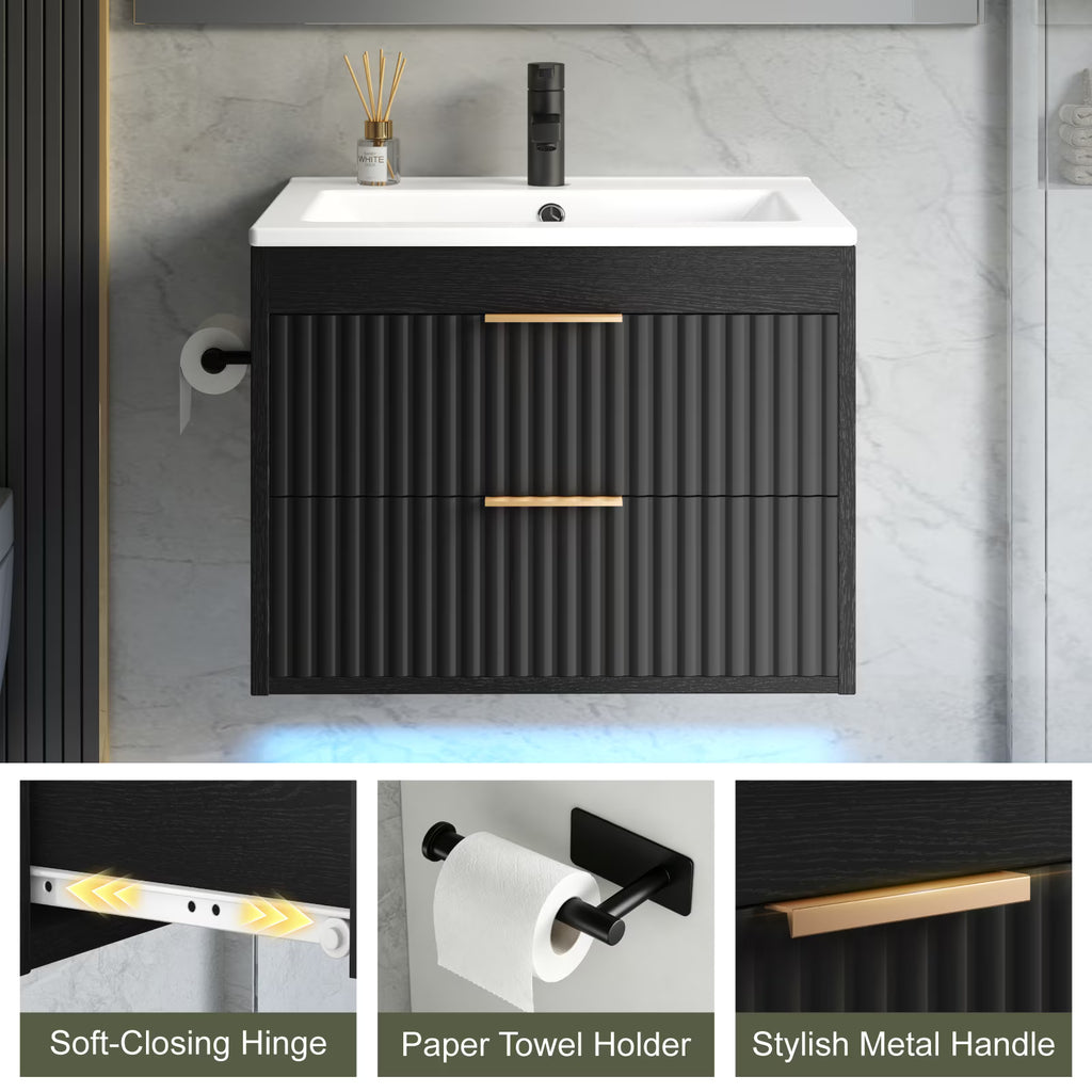 EVOKEDEN 24” Floating Bathroom Vanity with Sink, Wall-Mounted Vanity with 2 Drawers & LED Light, Black