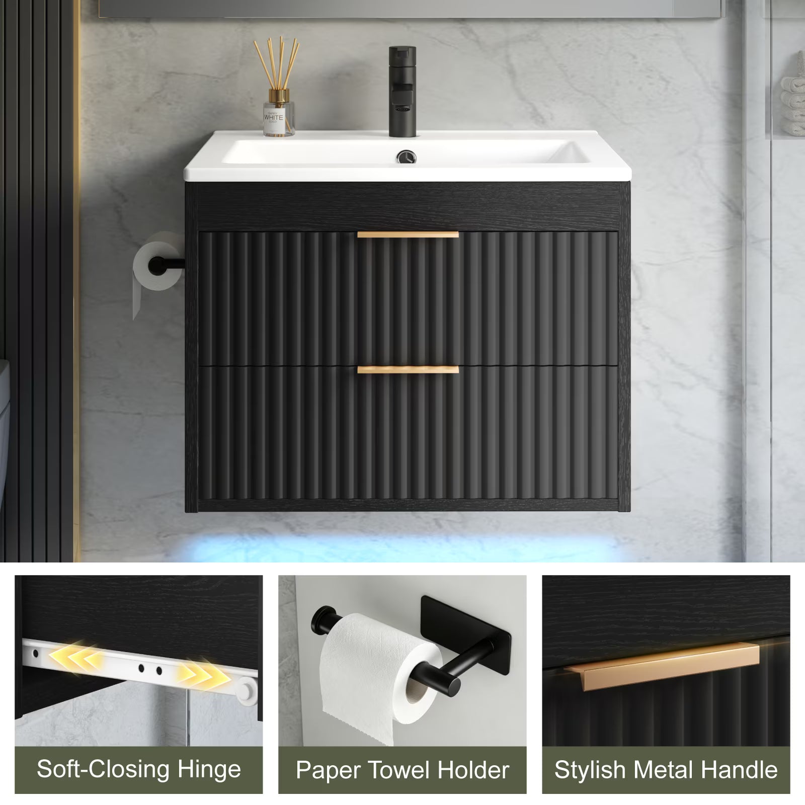 EVOKEDEN 24” Floating Bathroom Vanity with Sink, Wall-Mounted Vanity with 2 Drawers & LED Light, Black