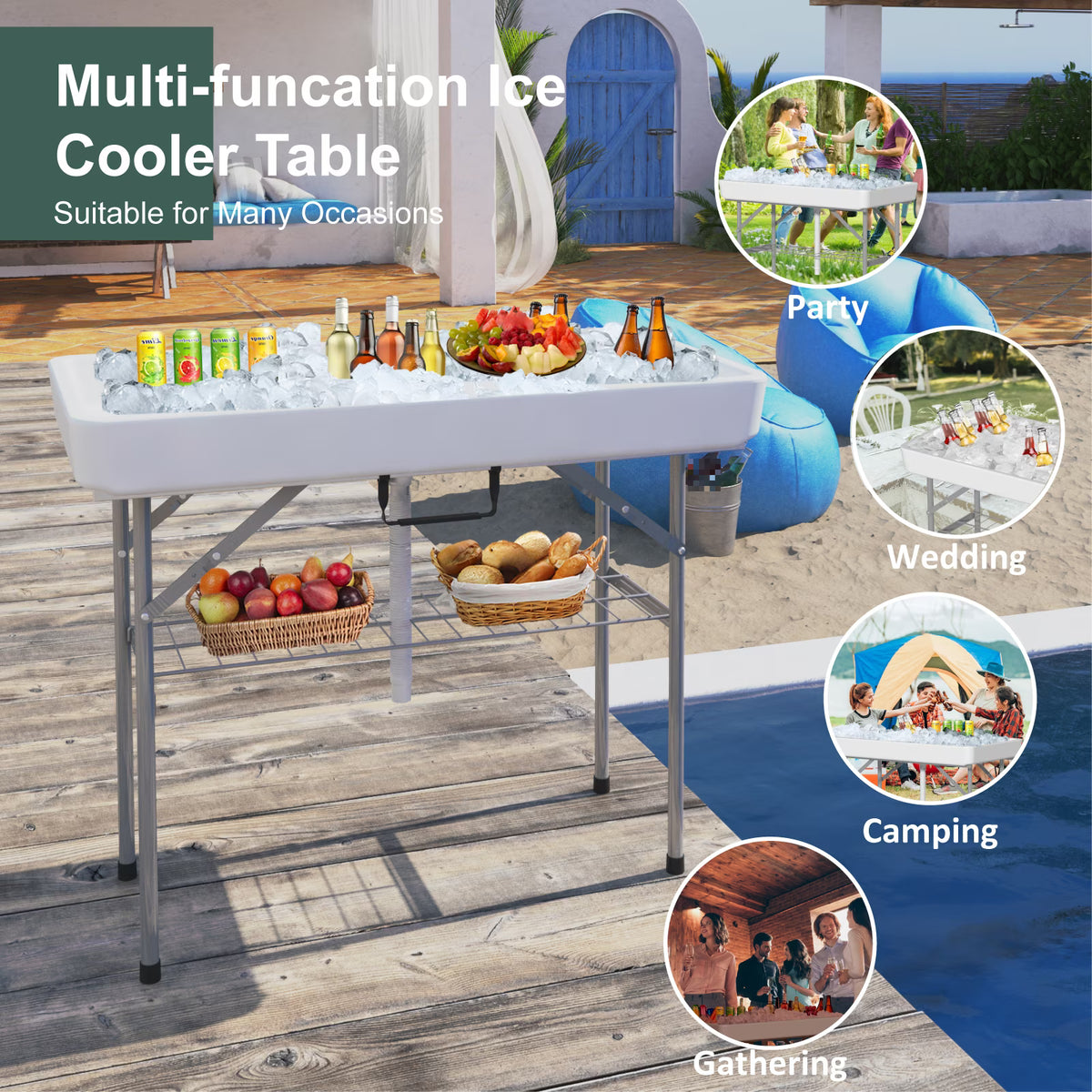 EVOKEDEN 4 Foot Party Ice Cooler Table, Folding Tailgate Camp Fishing Cleaning with Matching Skirt & Drain Hose for BBQ, Camping, Picnic, White