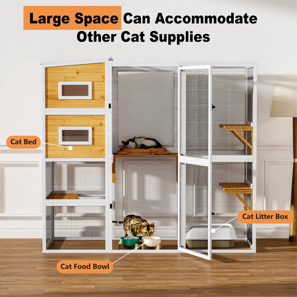 TIMHAKA 4 Tier Catio Outdoor Cat Enclosure, DIY Large Cat Cages Indoor with Window for 3 Cats, Cat Playpens with Resting Box, Platform, Waterproof Roof & Large Door, 76" L x 32.9" W x 70.8" H, White 4 stars out of 9 reviews (4.0)
