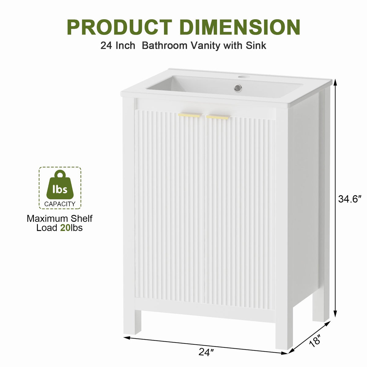 EVOKEDEN 24" Bathroom Vanity with Sink, Freestanding Vanity Cabinet with Soft-Close Doors, White