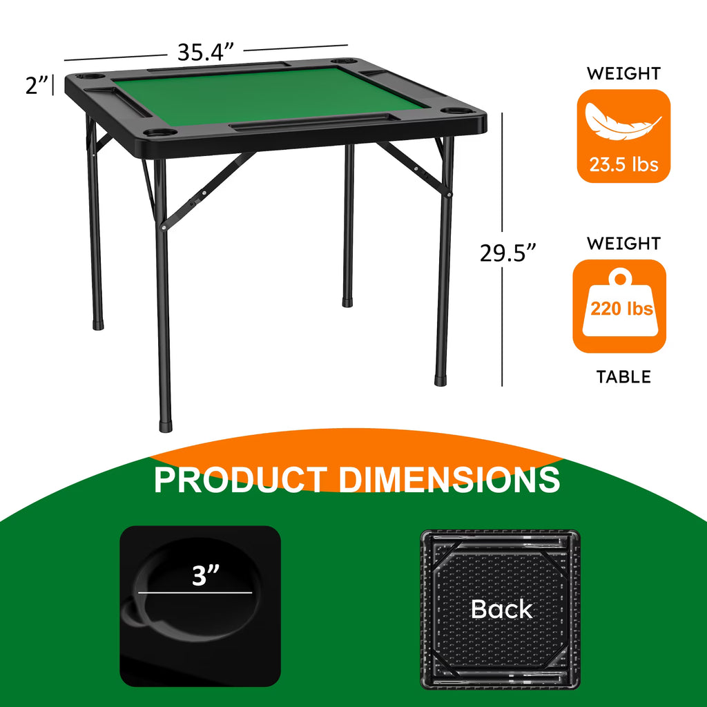 EVOKEDEN 35.4" Folding Mahjong Table with Cup Holder & Green Felt, Portable Domino Tables for 4 Players, Black