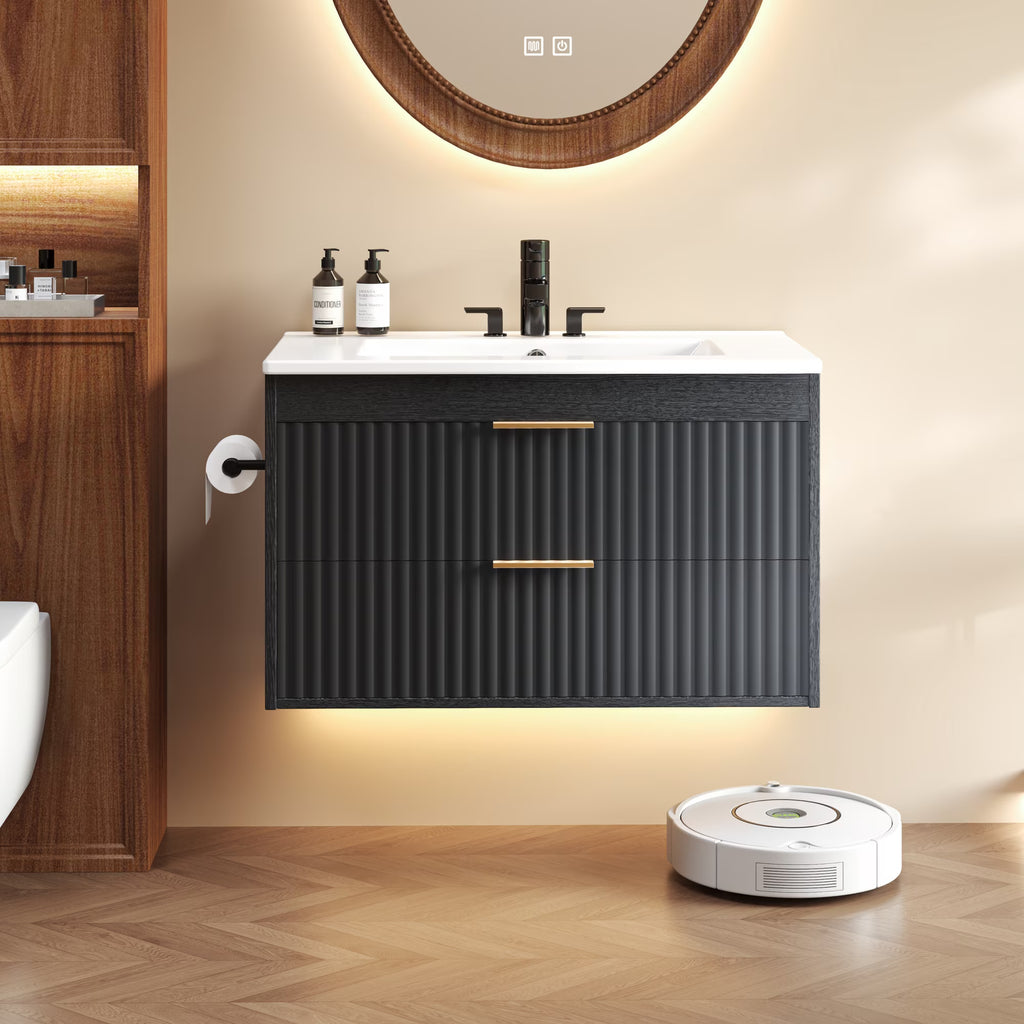 EVOKEDEN 30” Floating Bathroom Vanity with Sink, Wall-Mounted Vanity with 2 Drawers & LED Light, Black