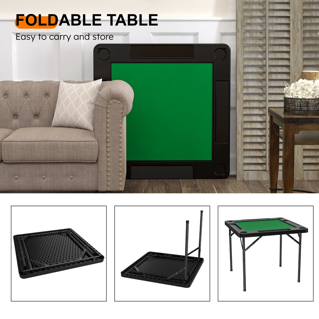 EVOKEDEN 35.4" Folding Mahjong Table with Cup Holder & Green Felt, Portable Domino Tables for 4 Players, Black