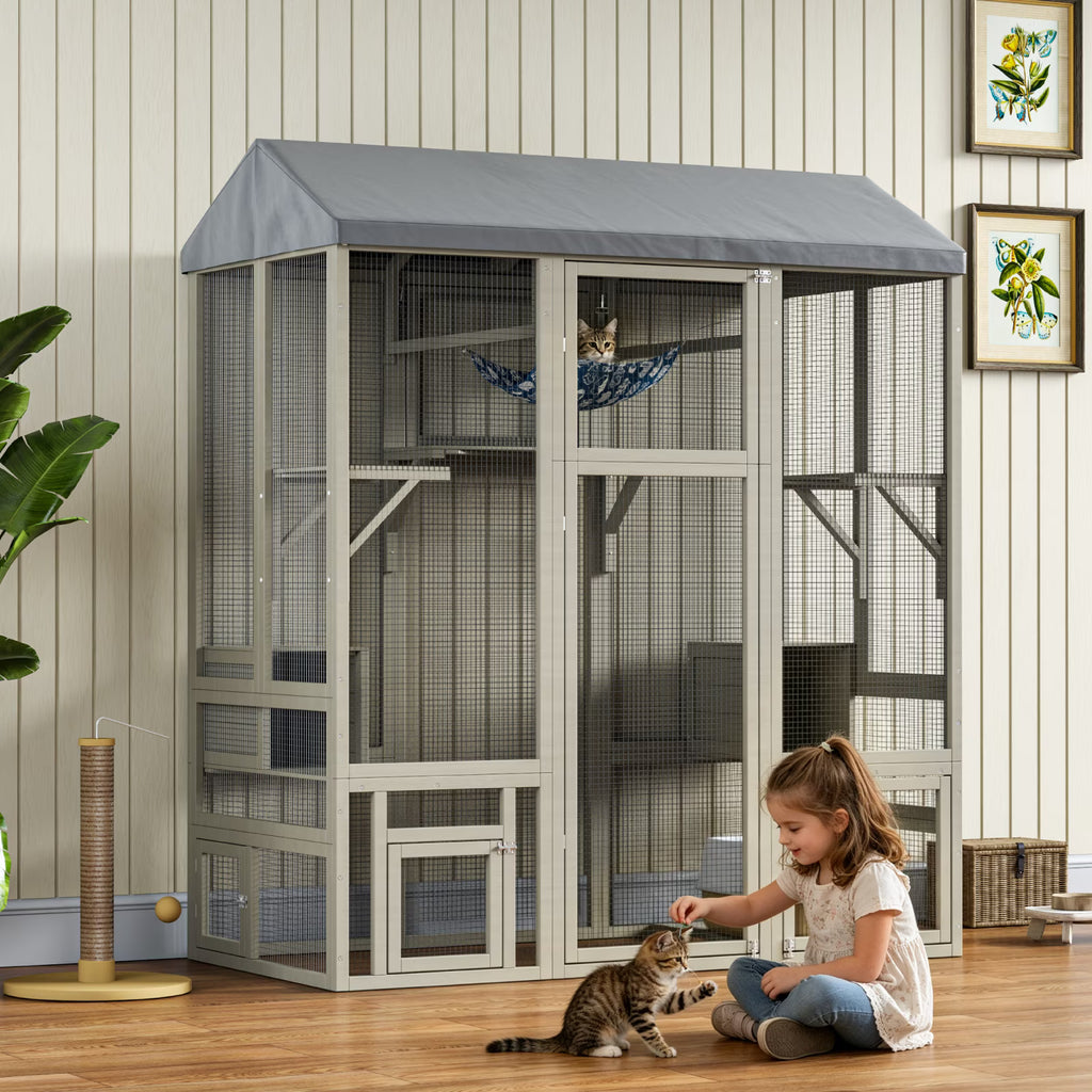 TIMHAKA 71'' Catio Outdoor Cat Enclosure, Large Cat Catio with Window Access, Hammock, 7 Platforms and 2 Resting Box, Gray