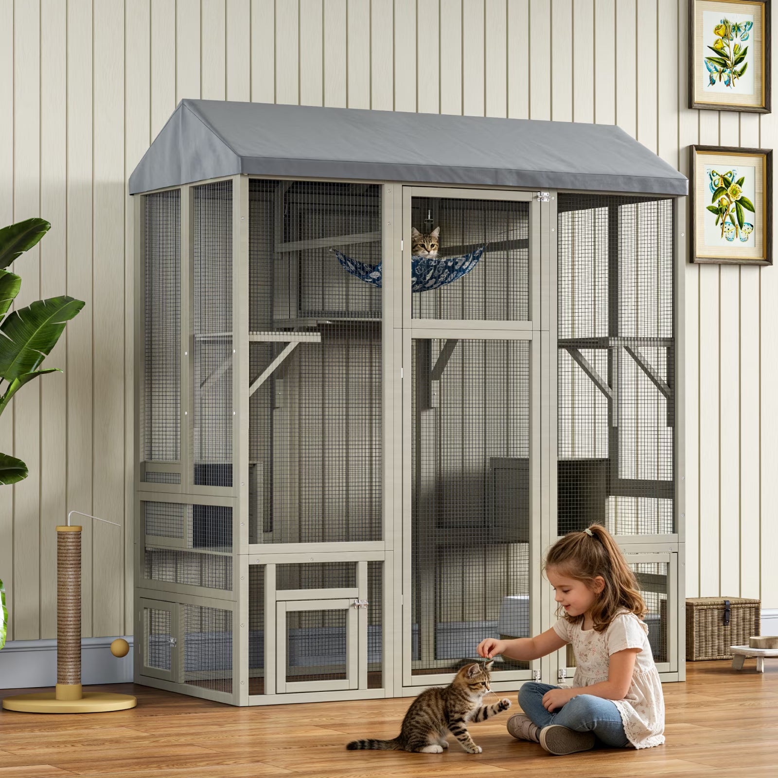 TIMHAKA 71'' Catio Outdoor Cat Enclosure, Large Cat Catio with Window Access, Hammock, 7 Platforms and 2 Resting Box, Gray