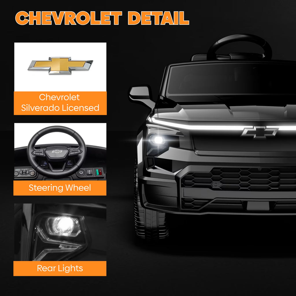 EVOKEDEN 24V Licensed Chevrolet Silverado Electric Car for Kids, Ride on Toys for Toddlers with Remote Control, Soft Start, LED Lights, Music Player, Seat Belts, Black