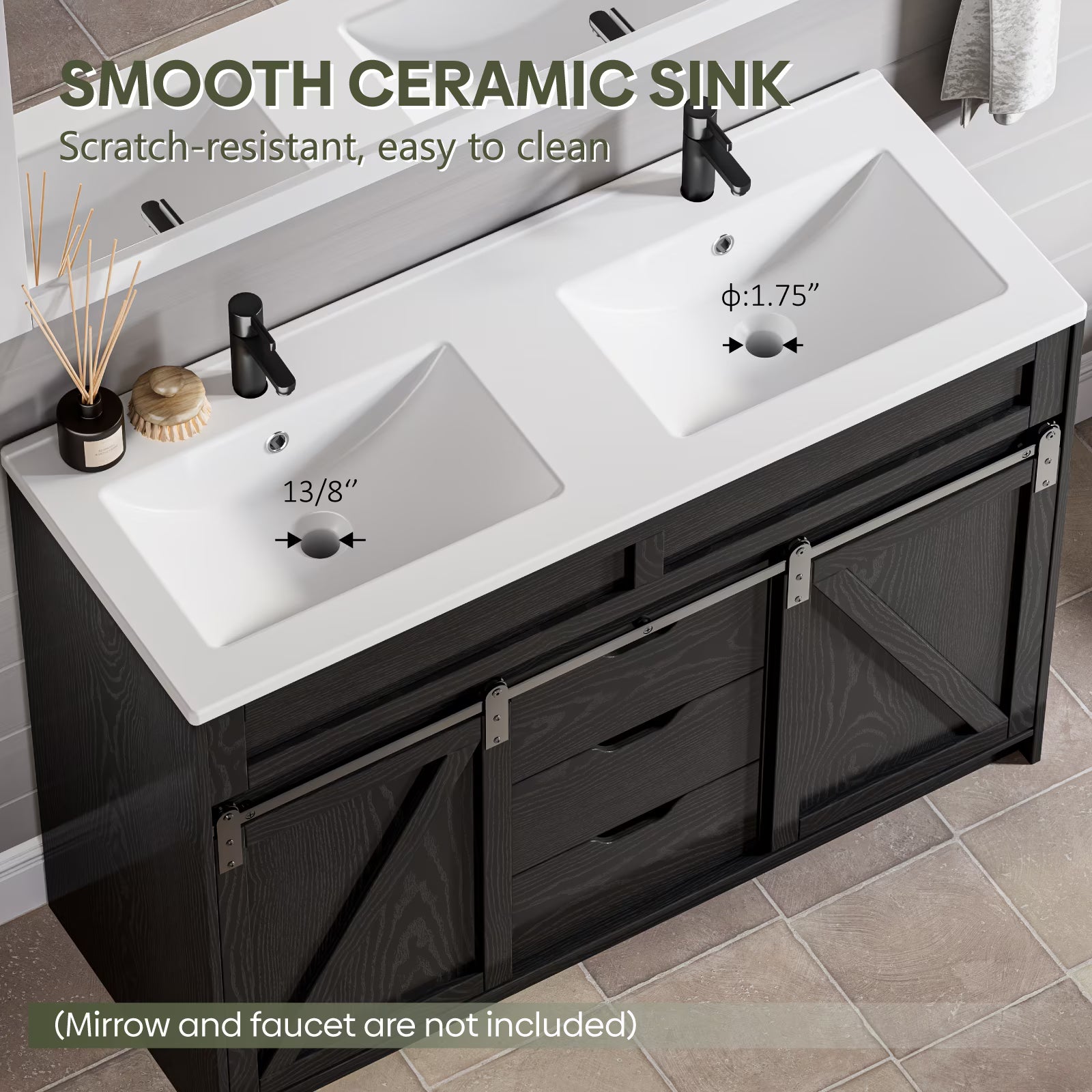 EVOKEDEN 48" Bathroom Vanity with Double Sink Combo, Farmhouse Bathroom Cabinet Set with Sliding Barn Door & 3 Drawers, Black
