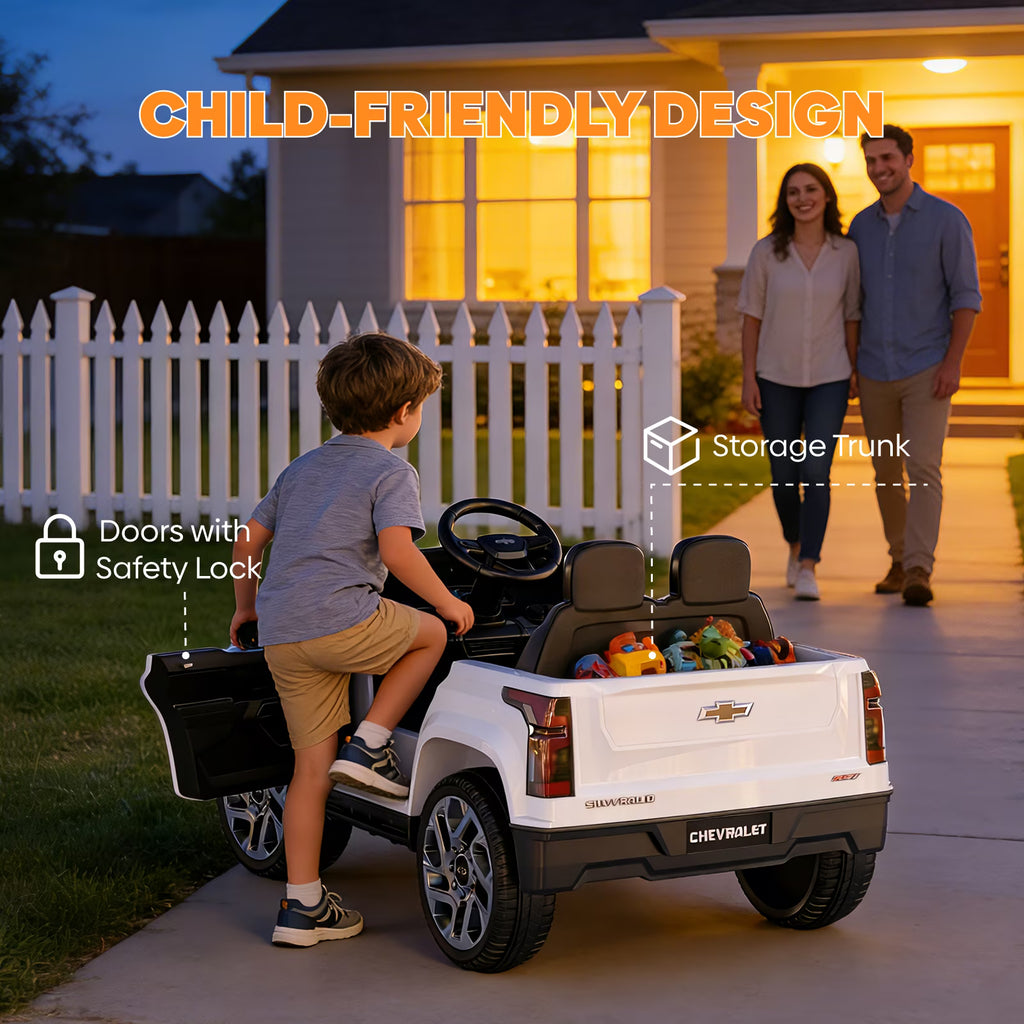 EVOKEDEN 24V Licensed Chevrolet Silverado Electric Car for Kids, Ride on Toys for Toddlers with Remote Control, Soft Start, LED Lights, Music Player, Seat Belts, White
