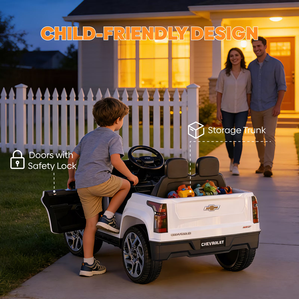EVOKEDEN 24V Licensed Chevrolet Silverado Electric Car for Kids, Ride on Toys for Toddlers with Remote Control, Soft Start, LED Lights, Music Player, Seat Belts, White
