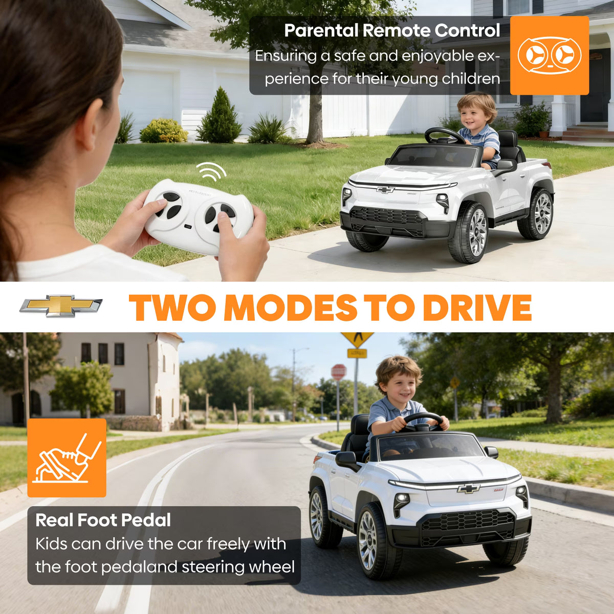 EVOKEDEN 24V Licensed Chevrolet Silverado Electric Car for Kids, Ride on Toys for Toddlers with Remote Control, Soft Start, LED Lights, Music Player, Seat Belts, White