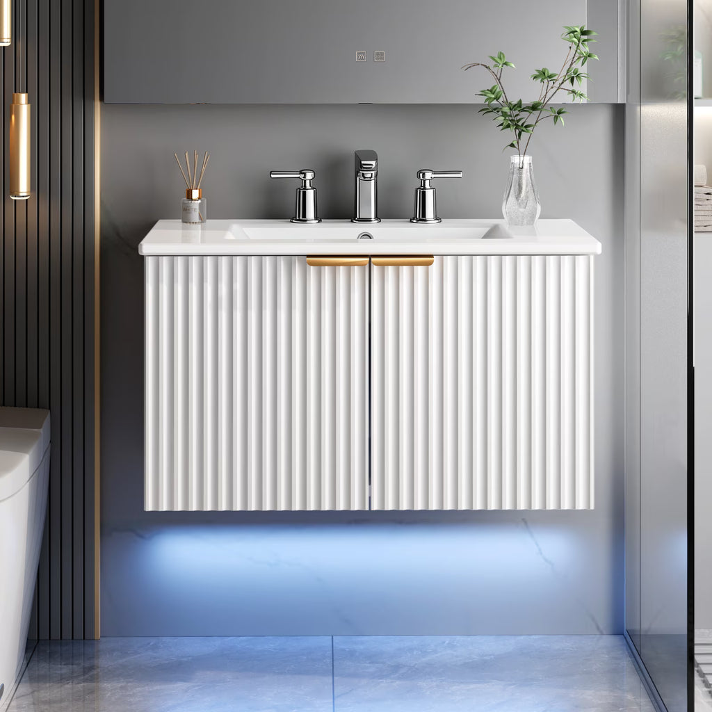 EVOKEDEN 30" Wall Mounted Floating Vanity Cabinet w/ LED Light, Metal Handle & Double Soft-Close Doors, White