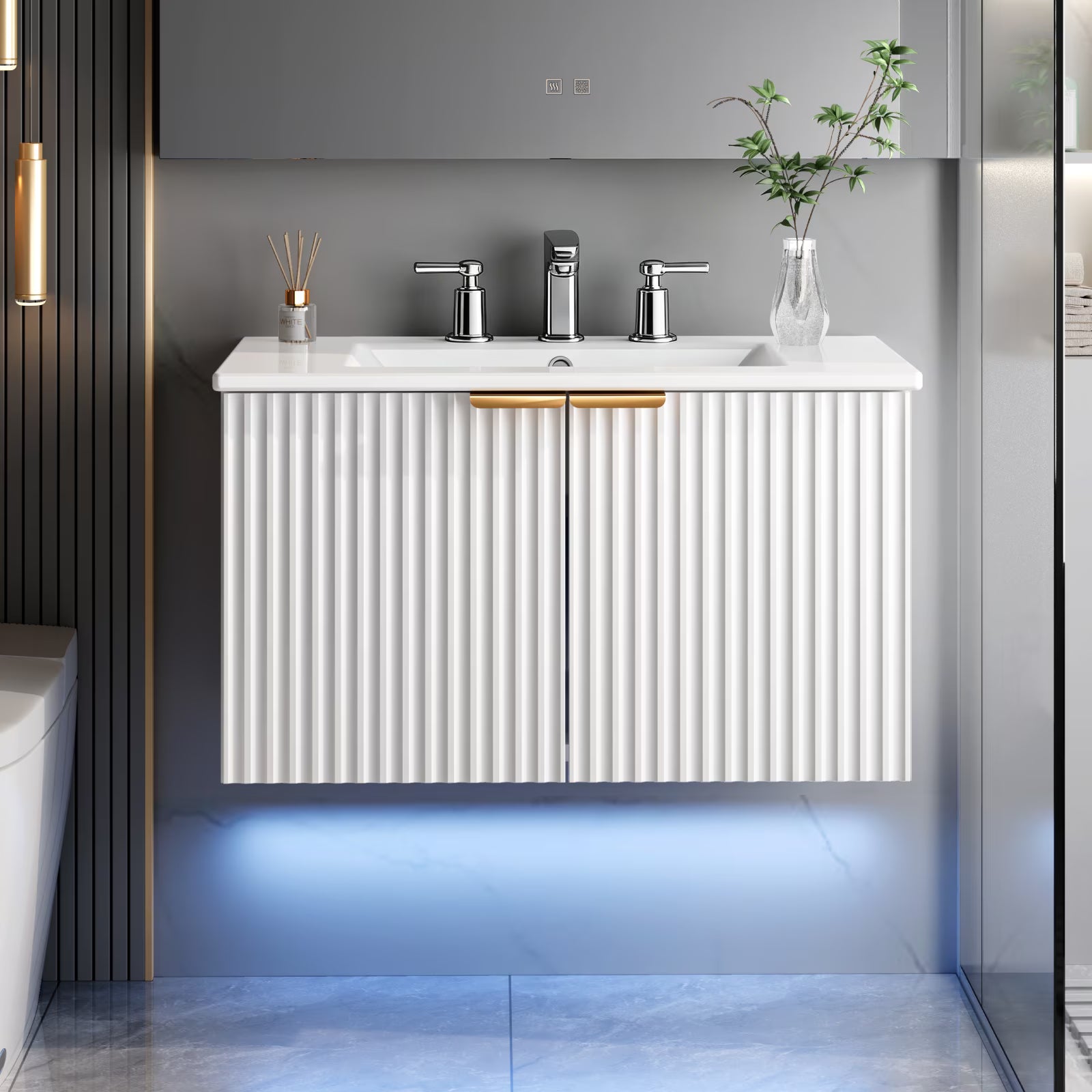 EVOKEDEN 30" Wall Mounted Floating Vanity Cabinet w/ LED Light, Metal Handle & Double Soft-Close Doors, White