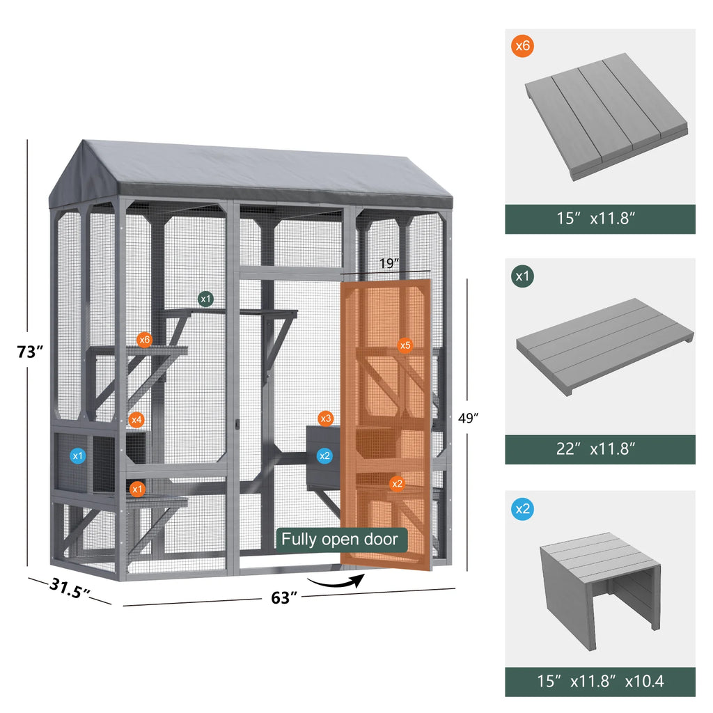 TIMHAKA 72” Catio Outdoor Cat Enclosure, Large Cat Catio for Multiple Cats, Outdoor Cats Enclosure with Waterproof Cover, Gray