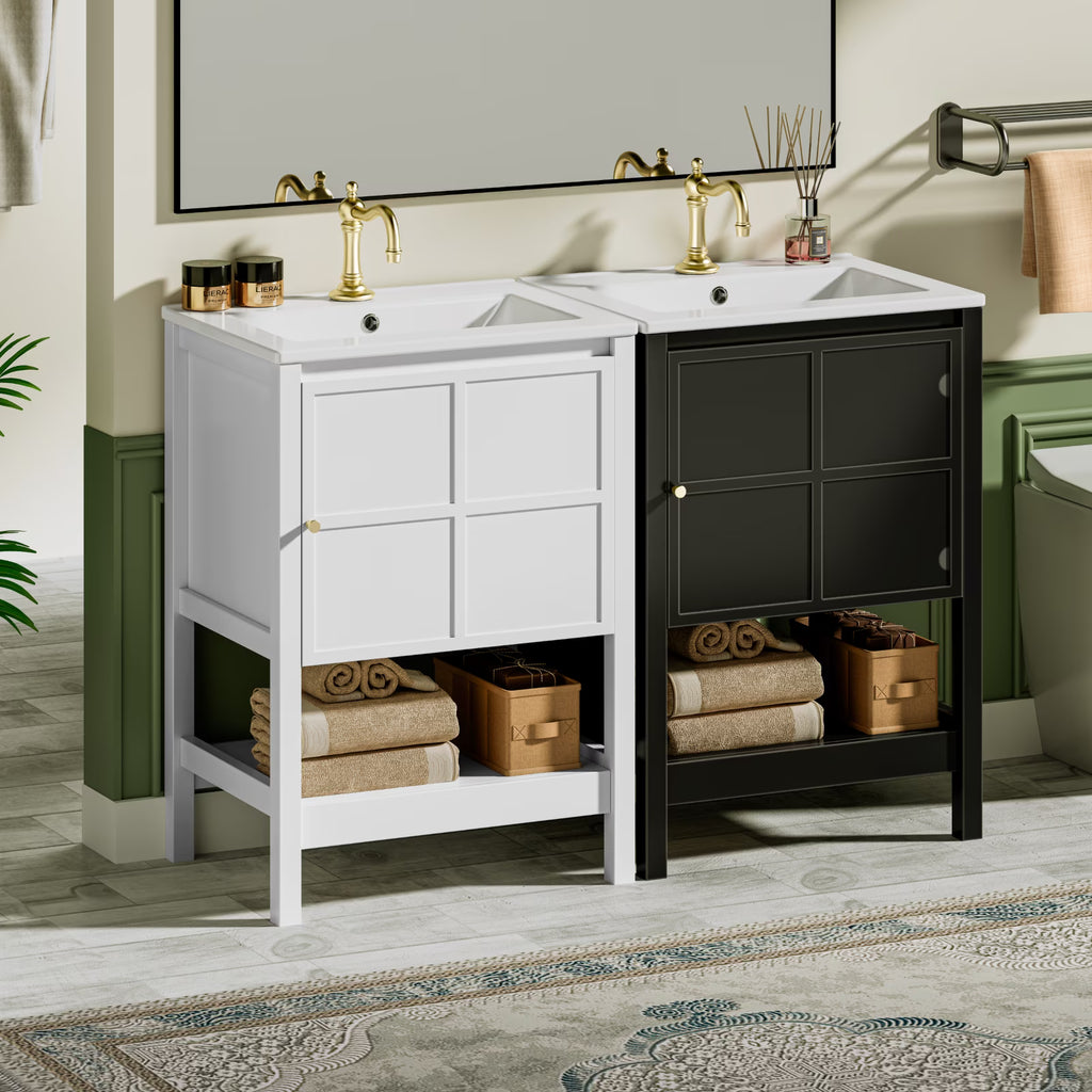 EVOKEDEN 24" Bathroom Vanity with Sink, Small Farmhouse Freestanding Bathroom Cabinet Combo Set, Soft Closing Door and Open Storage Shelf, Black