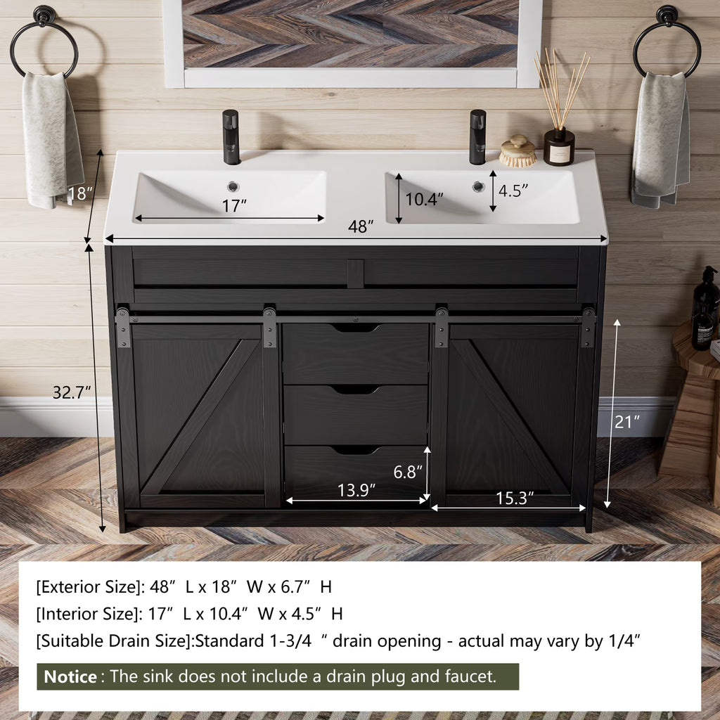 EVOKEDEN 48" Bathroom Vanity with Double Sink Combo, Farmhouse Bathroom Cabinet Set with Sliding Barn Door & 3 Drawers, Black