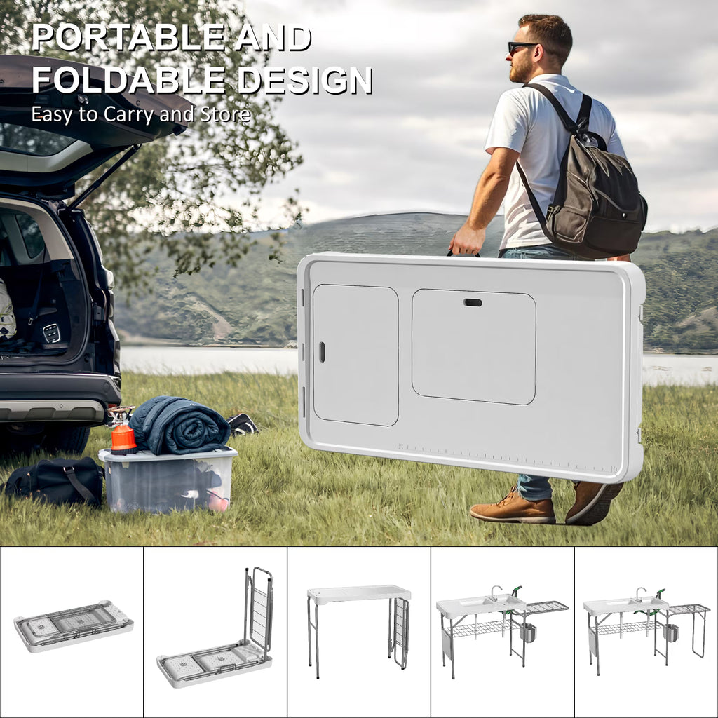EVOKEDEN 42.5" Fish Cleaning Table w/ Dual Sink, Portable Folding Camping Table w/ Foldable Extension Stand, Outdoor Sink Station for Picnic