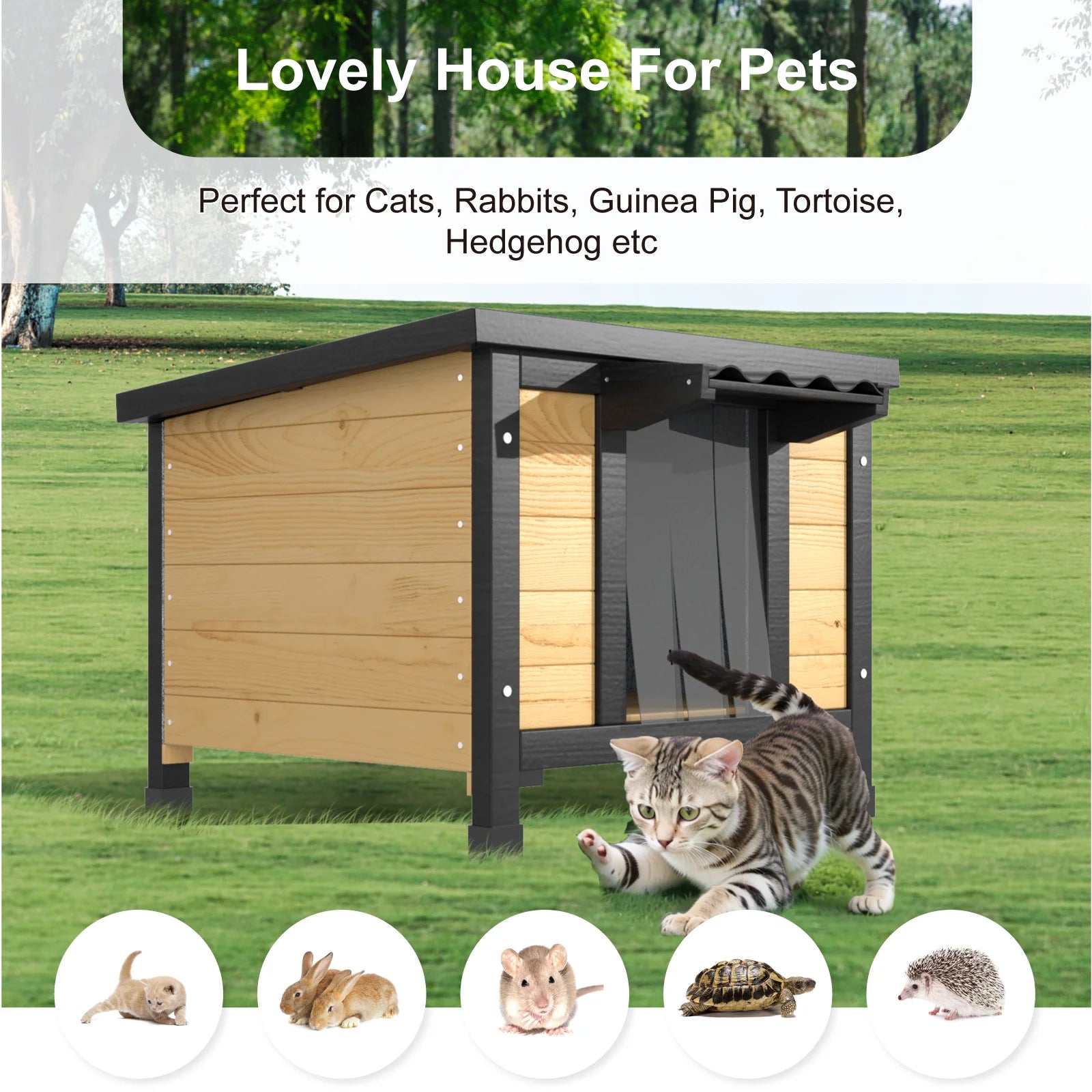 TIMHAKA Outdoor Cat House, Weatherproof Shelter for Cats, Dogs & Rabbits, Durable & Insulated Shelter for Garden, Patio & Backyard, Black & Yellow