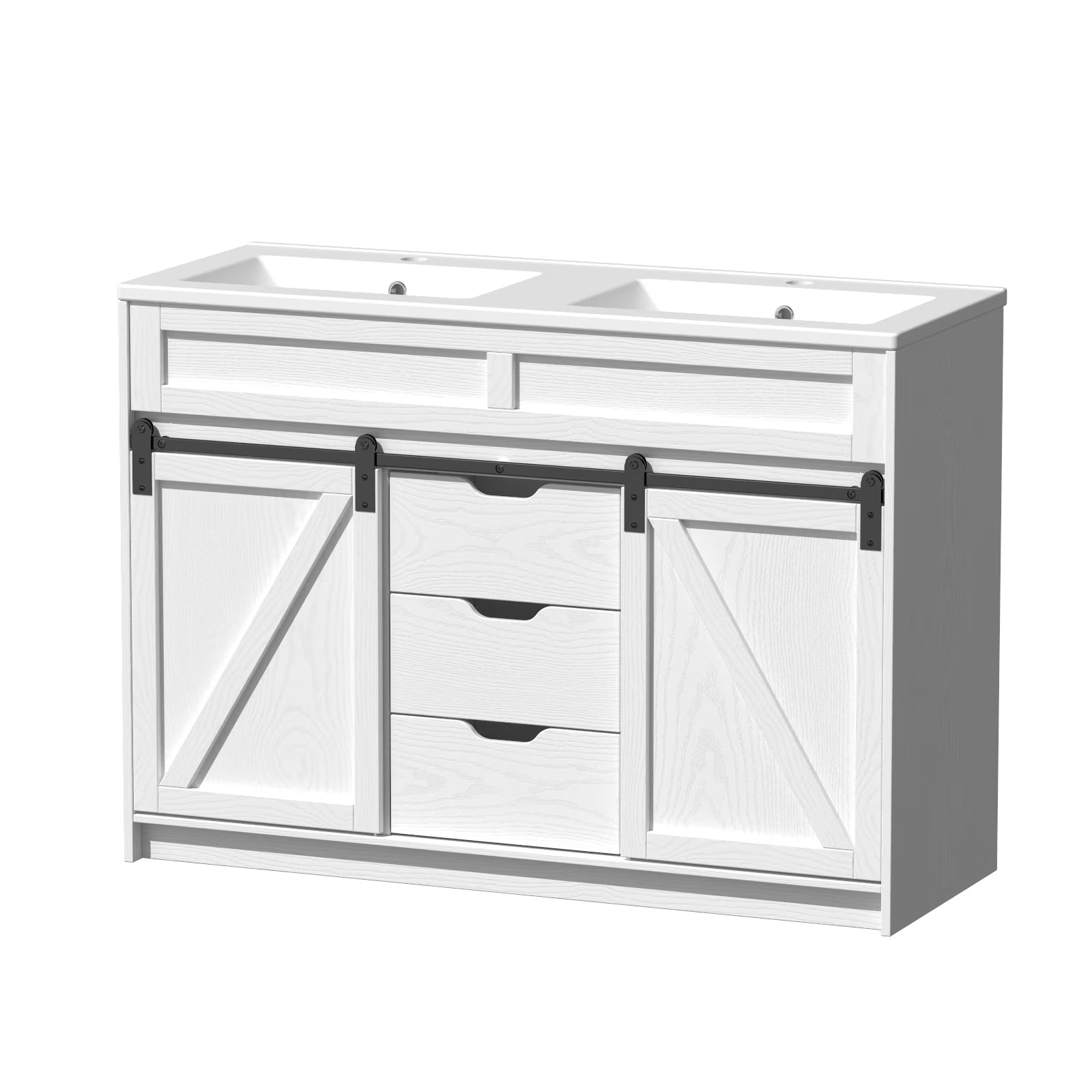 EVOKEDEN 48" Bathroom Vanity with Double Sink Combo, Farmhouse Bathroom Cabinet Set with Sliding Barn Door & 3 Drawers, White