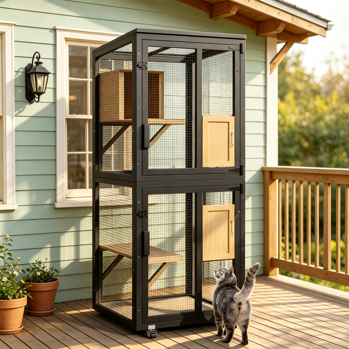 TIMHAKA Outdoor Cat Catio Enclosure, 4 Tiers Indoor Catio w/ Wheels, Resting Box, Waterproof Roof, Black & Yellow