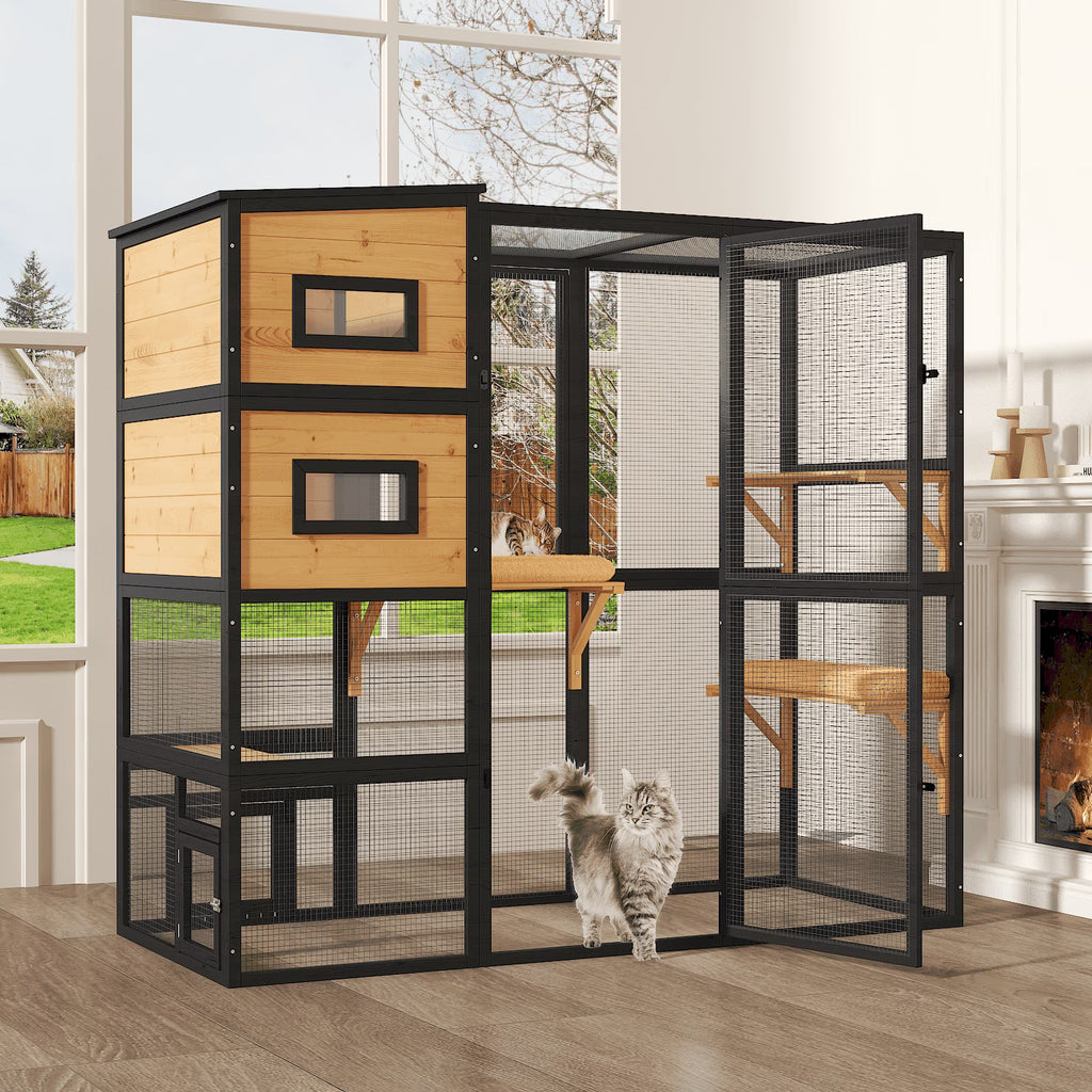 TIMHAKA Catio Outdoor Cat Enclosure Large Wooden Cat House for Mulitiple Cats w/ Resting Box, Platform, Waterproof Roof & Large Door, Black & Yellow