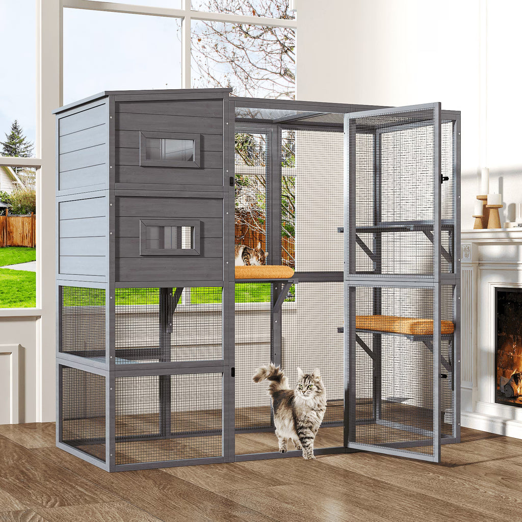 TIMHAKA 4 Tier Catio Outdoor Cat Enclosure, DIY Large Cat Cages Indoor with Window for 3 Cats, Cat Playpens with Resting Box, Platform, Waterproof Roof & Large Door, 76" L x 32.9" W x 70.8" H, Gray