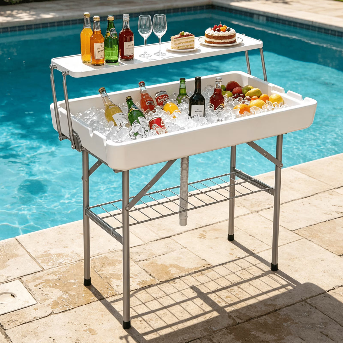 EVOKEDEN 2 Tiers 4 Foot Party Ice Cooler Table, Folding Tailgate Camp Fishing Cleaning with Matching Skirt & Drain Hose for BBQ, Camping, Picnic, White