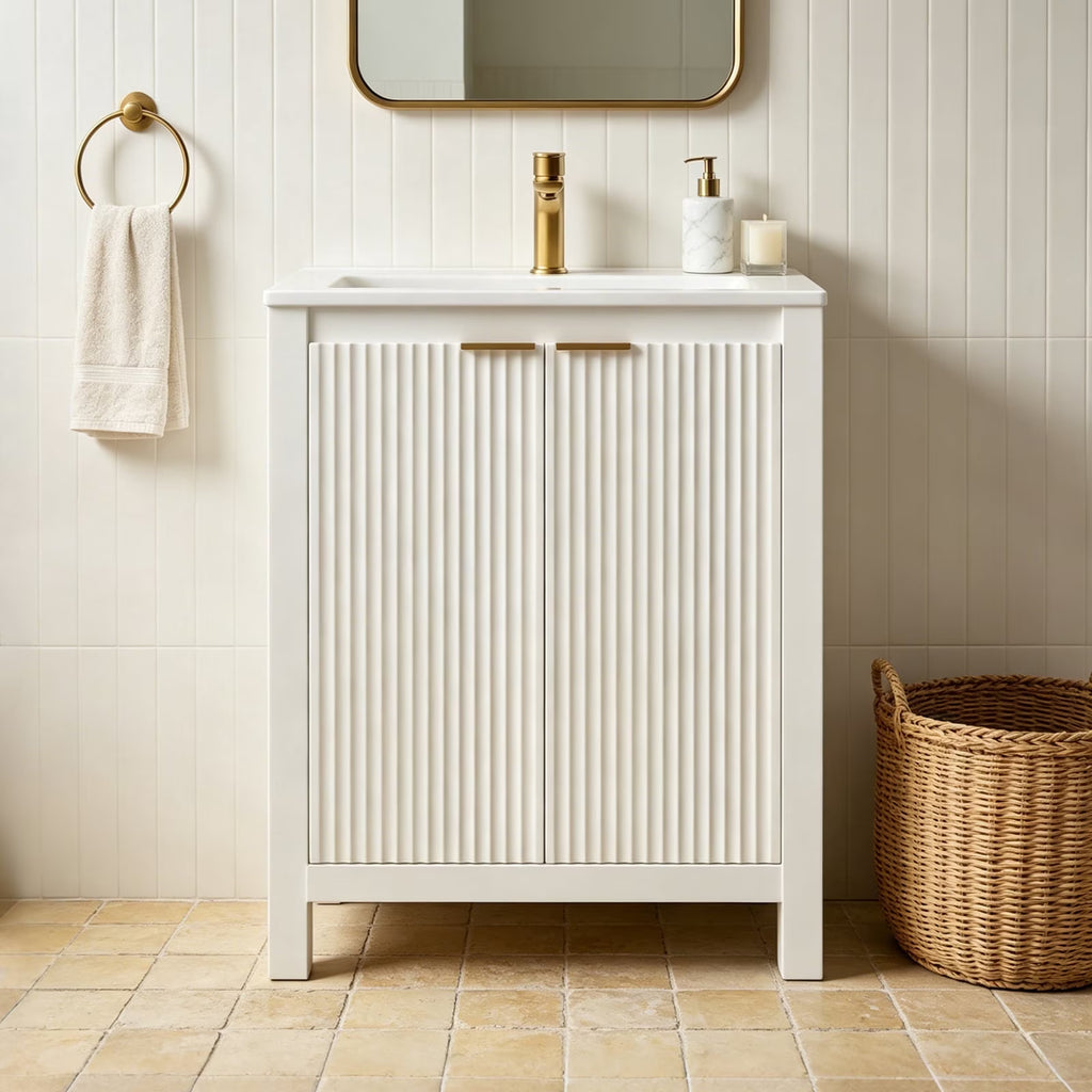 EVOKEDEN 24" Bathroom Vanity with Sink, Freestanding Vanity Cabinet with Soft-Close Doors, White