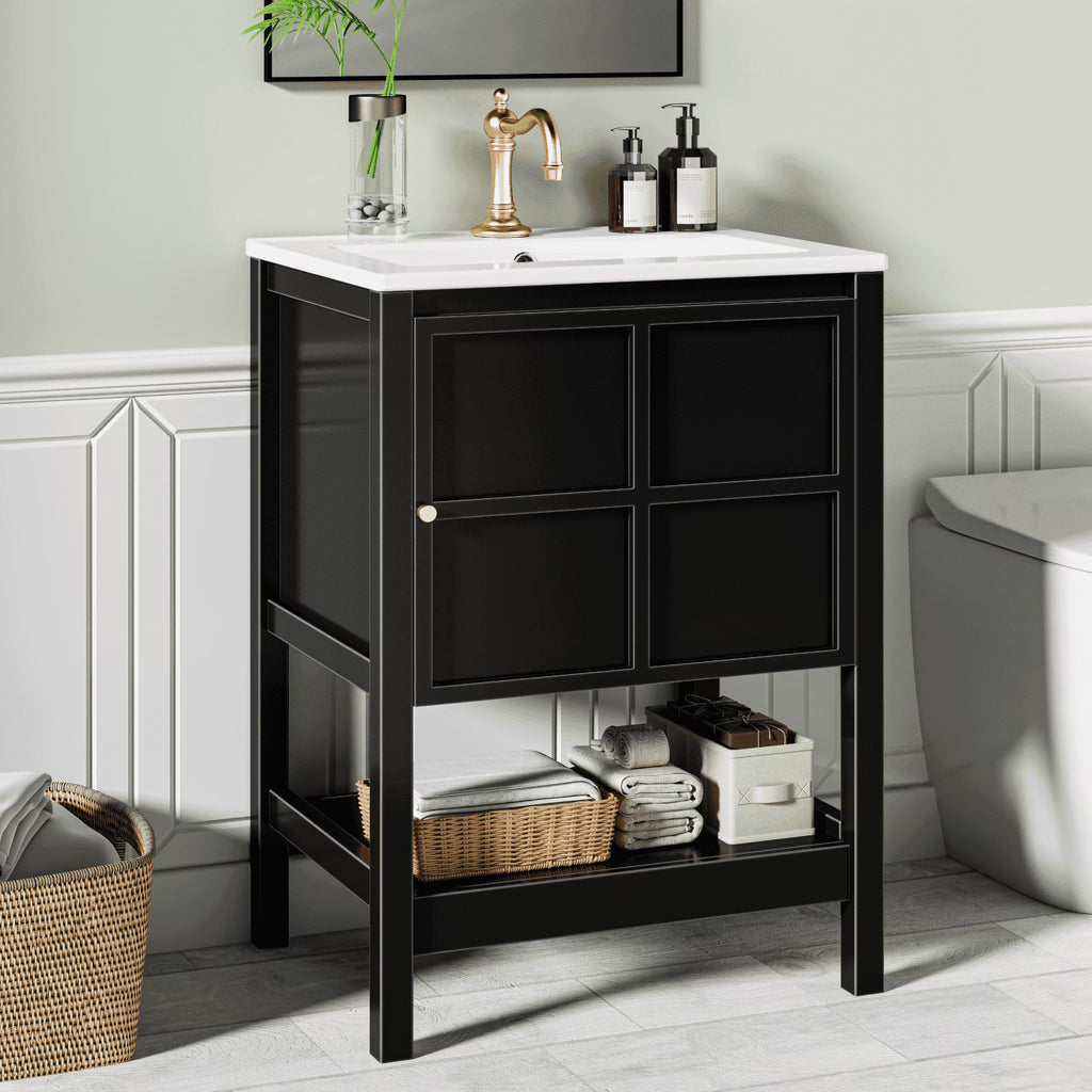 EVOKEDEN 24" Bathroom Vanity with Sink, Small Farmhouse Freestanding Bathroom Cabinet Combo Set, Soft Closing Door and Open Storage Shelf, Black