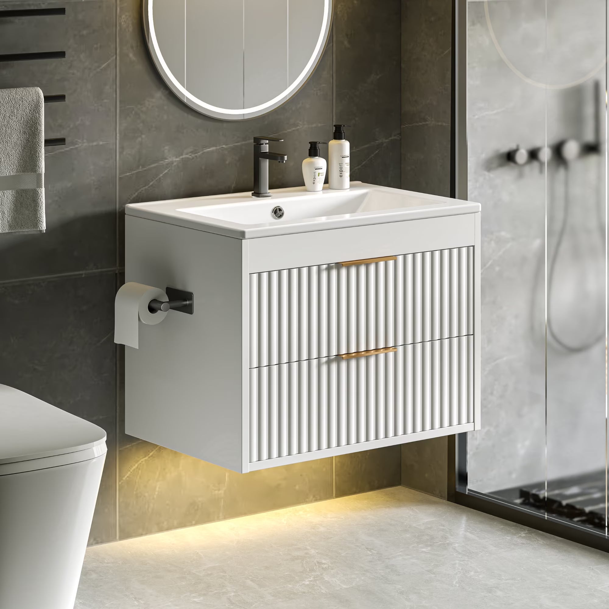 EVOKEDEN 24” Floating Bathroom Vanity with Sink, Wall-Mounted Vanity with 2 Drawers & LED Light, White