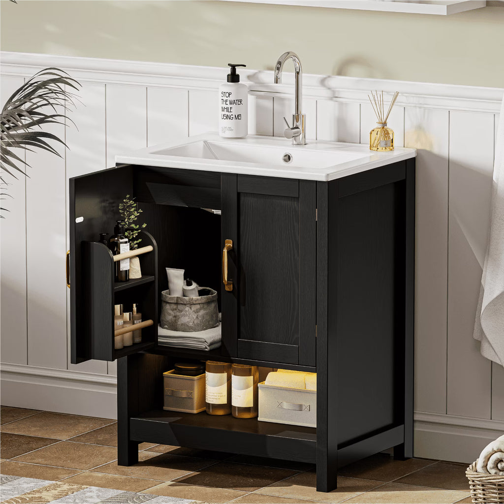 EVOKEDEN 24" Bathroom Vanity with Sink, Freestanding Modern Cabinet Vanity with LED Light, 2 Soft Closing Cabinet Door with Organizer, Black