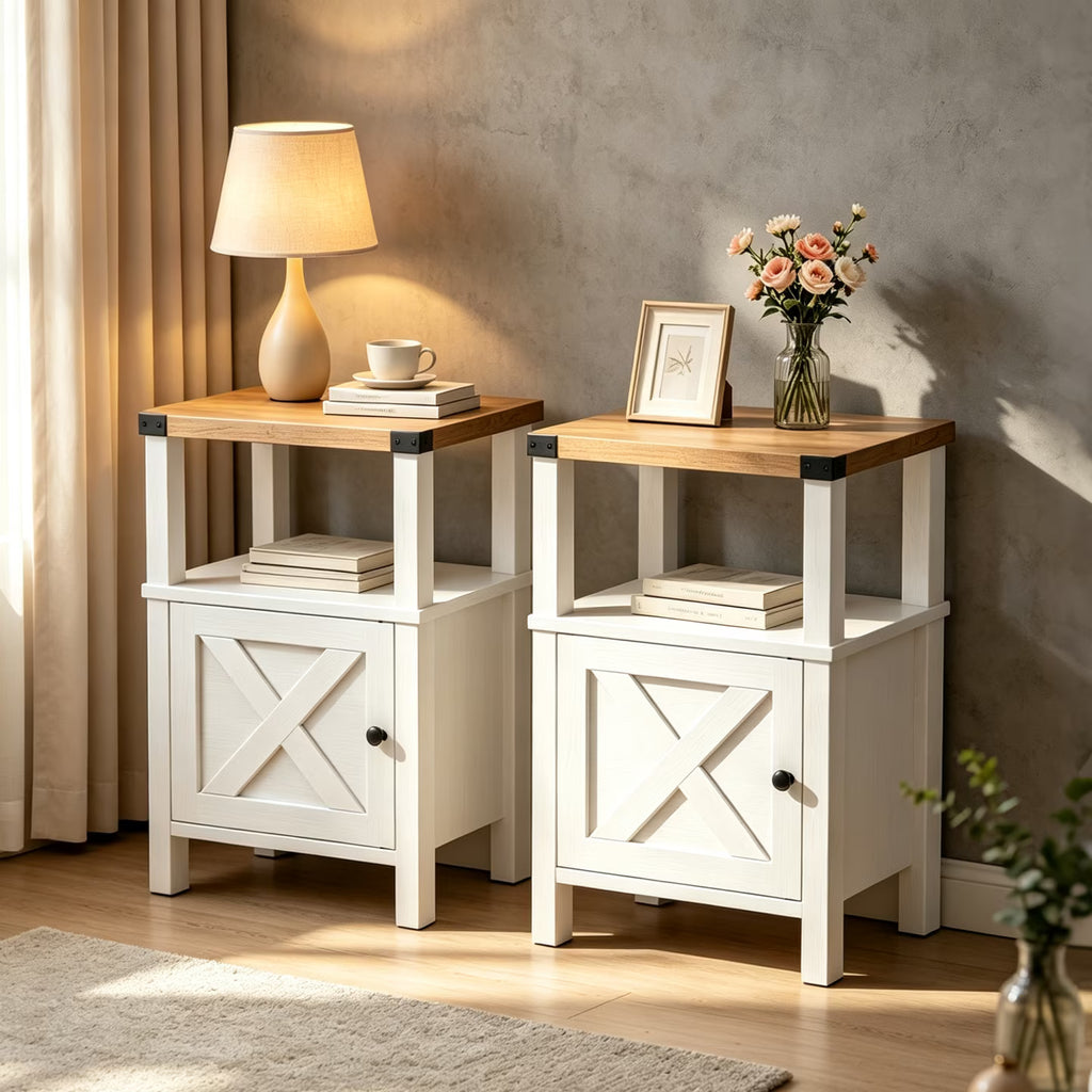 EVOKEDEN 2PCS Farmhouse Nightstands, Sofa Side End Table w/ Storage & Barn Door for Bedroom Living Room White
