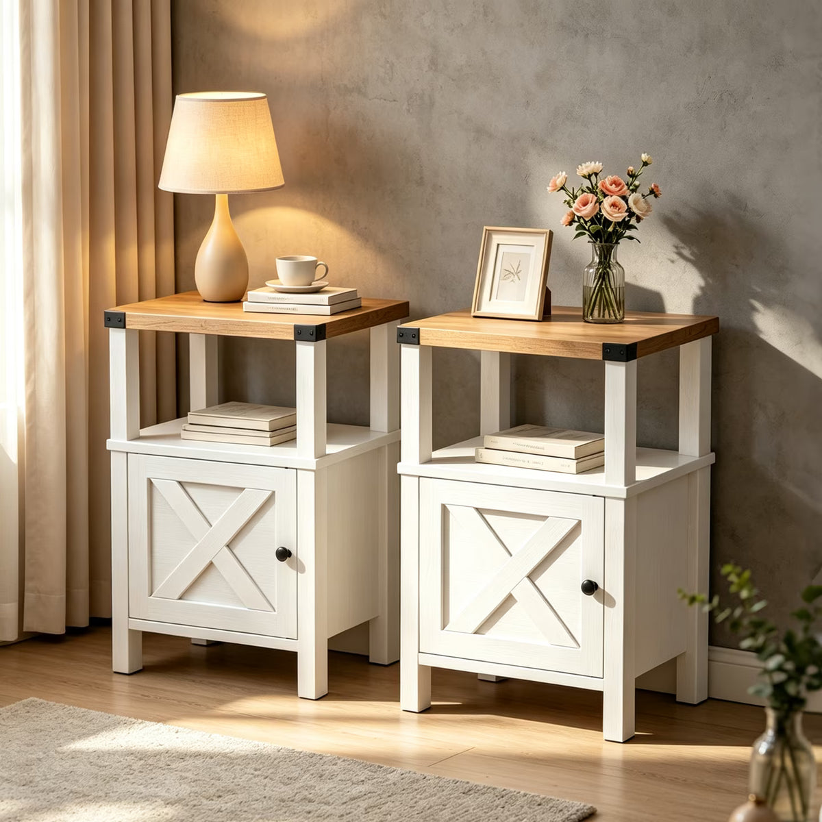 EVOKEDEN 2PCS Farmhouse Nightstands, Sofa Side End Table w/ Storage & Barn Door for Bedroom Living Room White