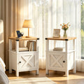 EVOKEDEN 2PCS Farmhouse Nightstands w/ Charging Station & Storage, Wood Side Table w/ Barn Door for Bedroom Living Room, White