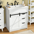 EVOKEDEN 30" Bathroom Vanity with Sink, Bathroom Storage Cabinet with Sliding Barn Door, Farmhouse Bathroom Cabinet with 3 Drawers, White