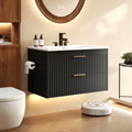 EVOKEDEN 30” Floating Bathroom Vanity with Sink, Wall-Mounted Vanity with 2 Drawers & LED Light, Black