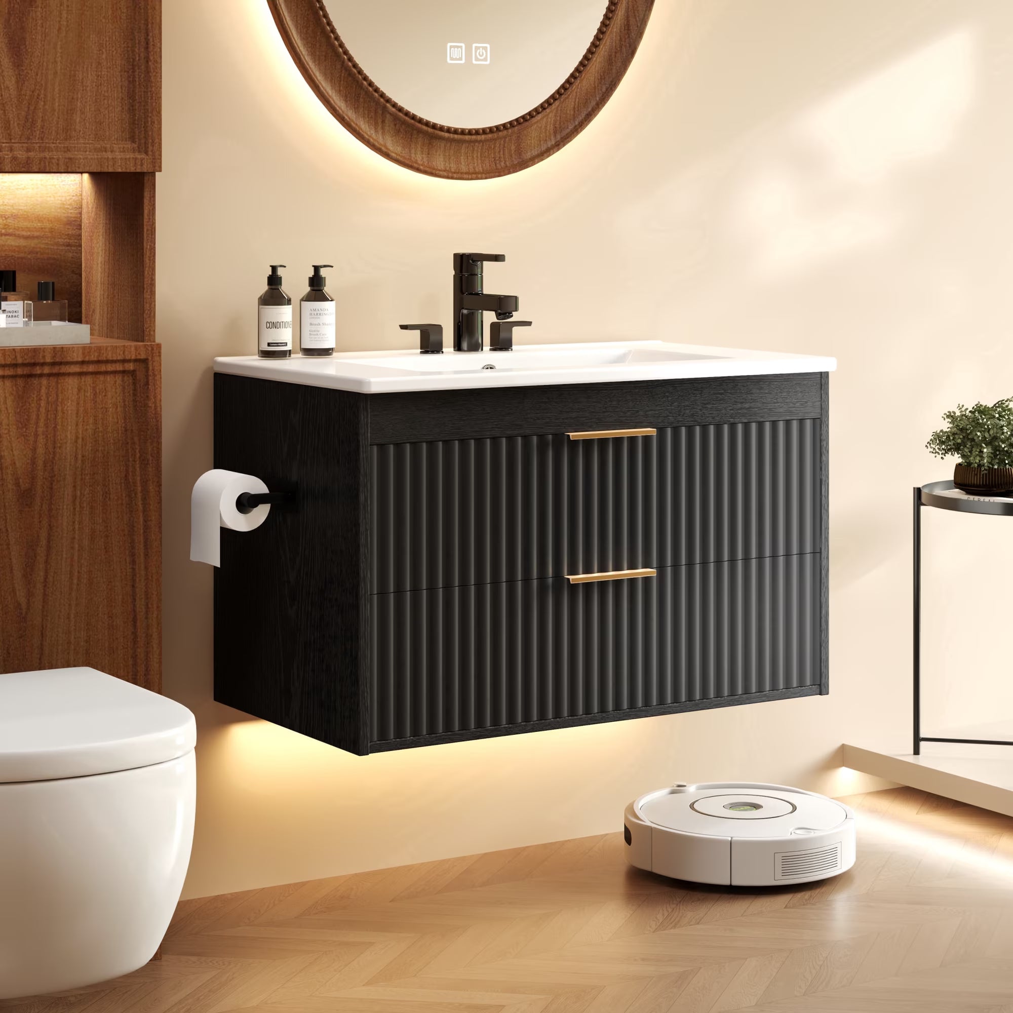 EVOKEDEN 30” Floating Bathroom Vanity with Sink, Wall-Mounted Vanity with 2 Drawers & LED Light, Black