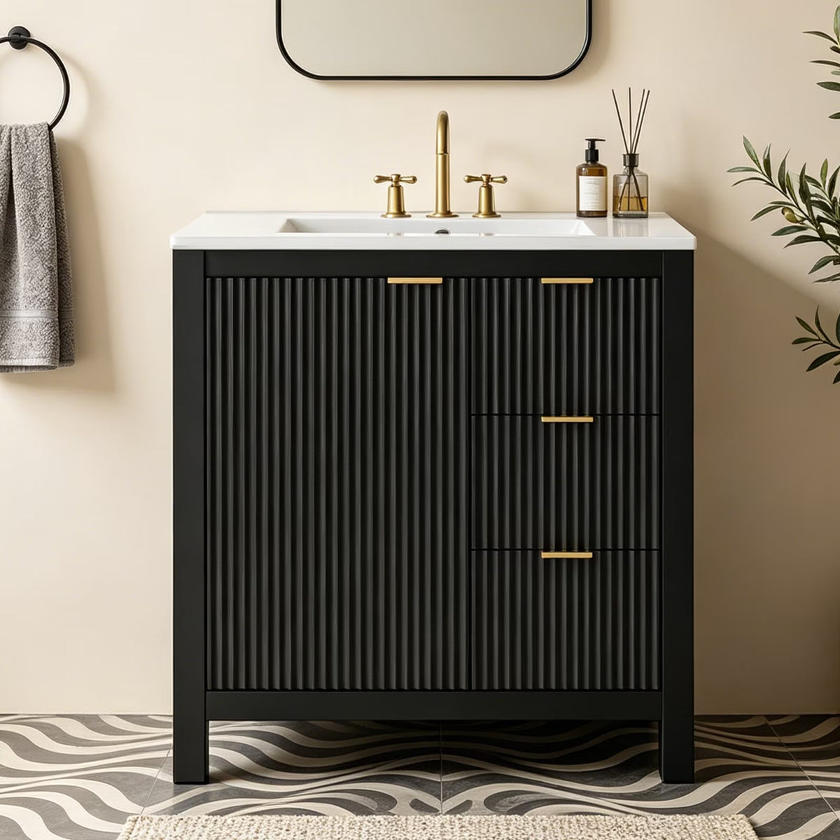 EVOKEDEN 30" Fluted Bathroom Vanity with Sink, Freestanding Vanity Cabinet with 3 Drawers, Black