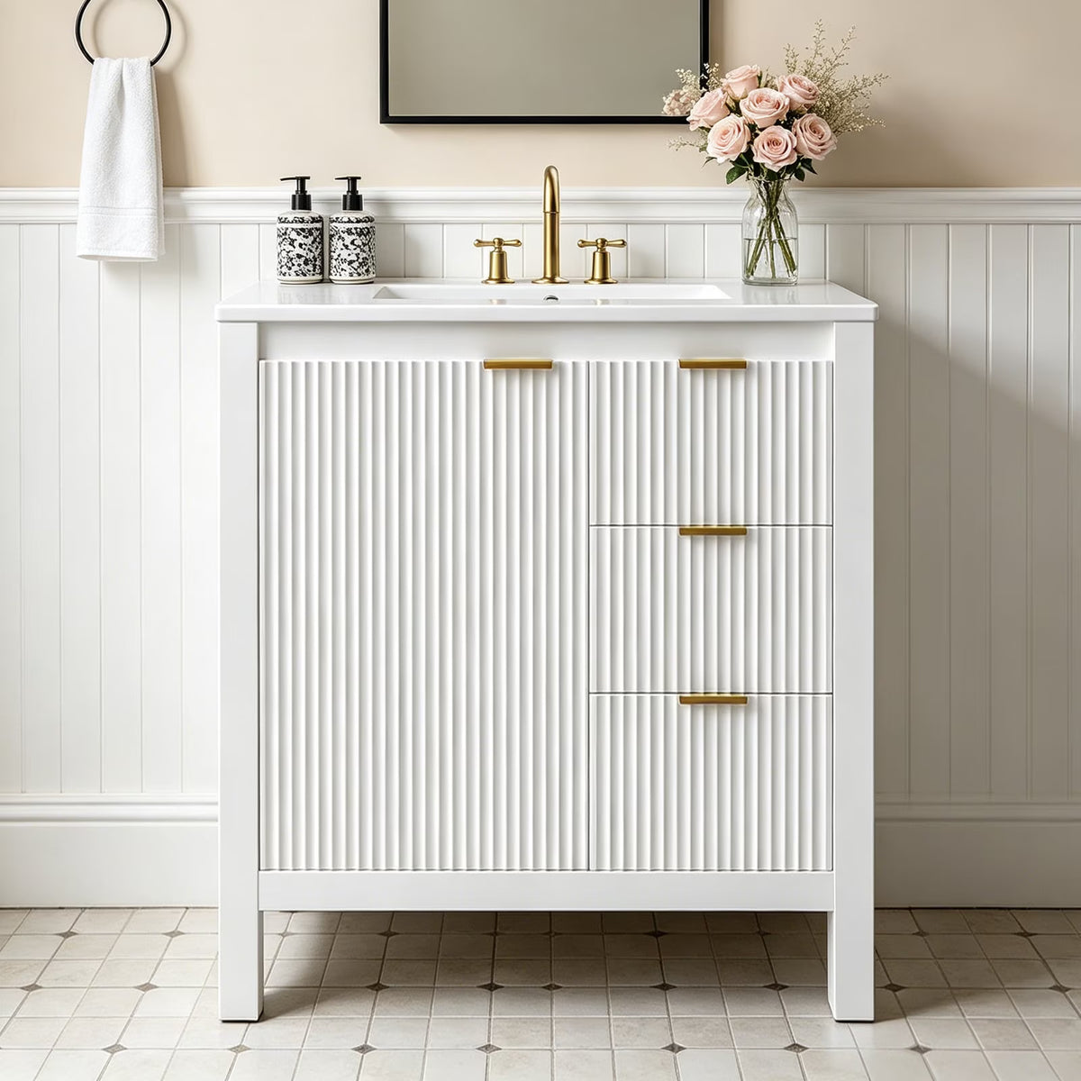 EVOKEDEN 30" Fluted Bathroom Vanity with Sink, Freestanding Vanity Cabinet with 3 Drawers, White