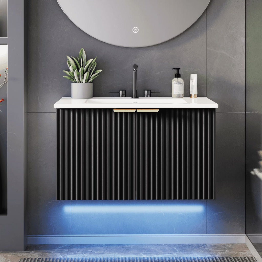 EVOKEDEN 30" Wall Mounted Floating Vanity Cabinet w/ LED Light, Metal Handle & Double Soft-Close Doors, Black