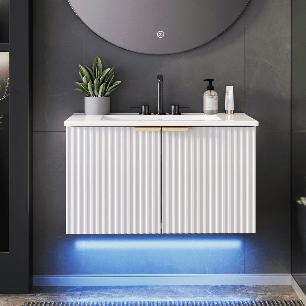 EVOKEDEN 30" Wall Mounted Floating Vanity Cabinet w/ LED Light, Metal Handle & Double Soft-Close Doors, White