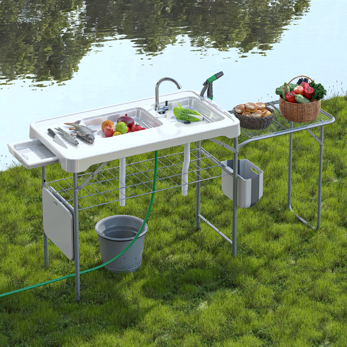 EVOKEDEN 42.5" Fish Cleaning Table w/ Dual Sink, Portable Folding Camping Table w/ Foldable Extension Stand, Outdoor Sink Station for Picnic