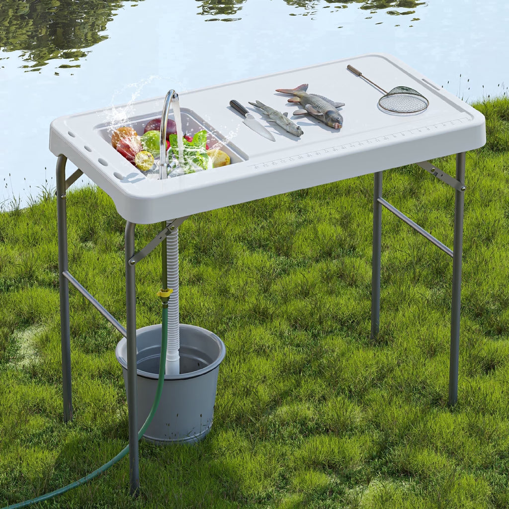EVOKEDEN 42.5" Fish Cleaning Table w/ Sink, Folding Camping Table & Fish Cleaning Station w/ Measure Mark