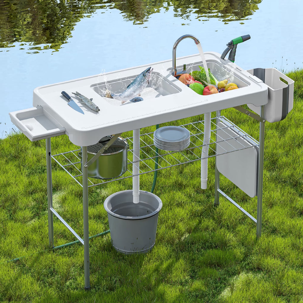 EVOKEDEN 42.5" Fish Cleaning Table wi/ Dual Sink, Portable Folding Camping Table w/ Faucet, Sprayer, Grid Rack, Hose Hook Up & Knife Groove