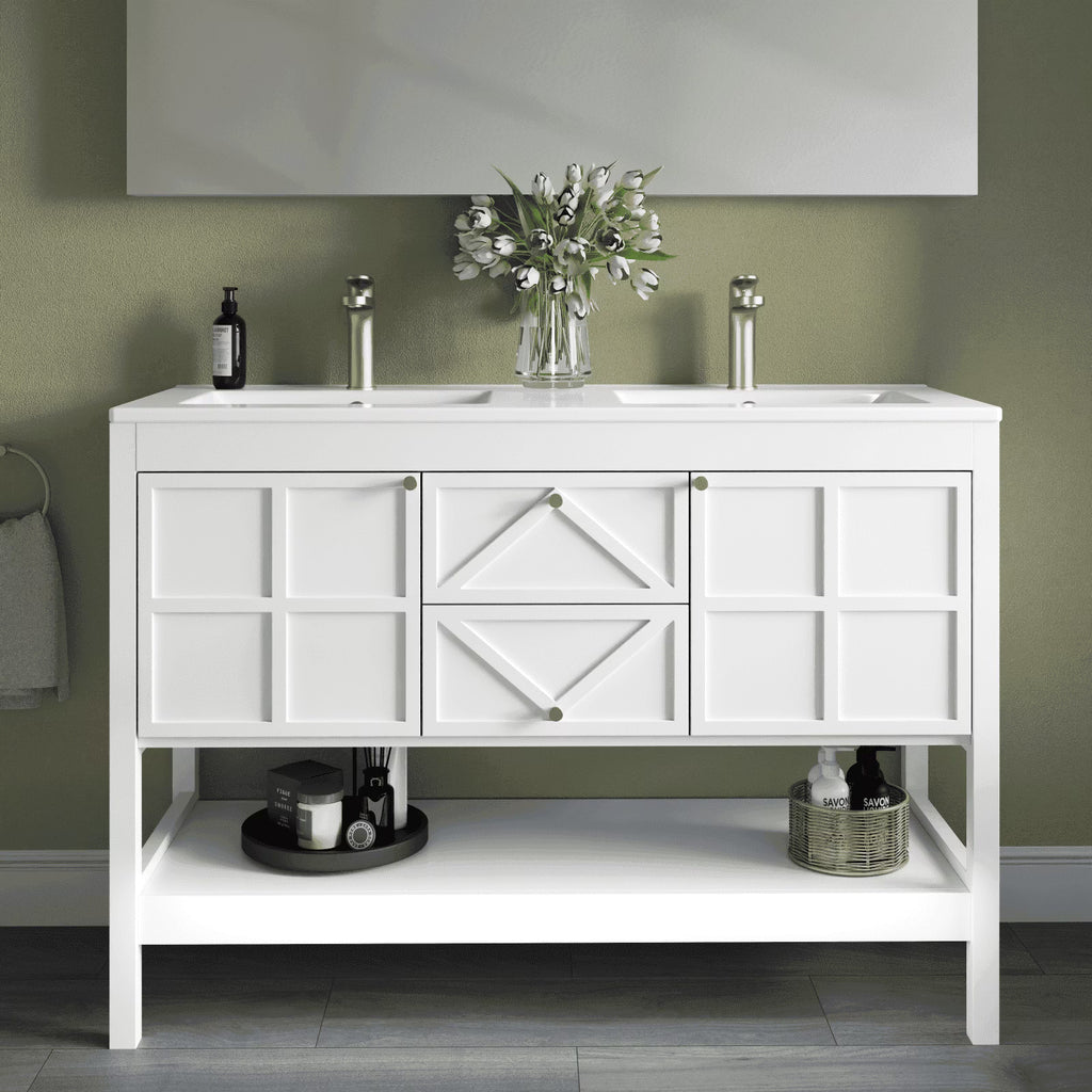 EVOKEDEN 48" Bathroom Vanity with Double Sink Combo, Undermount Sink Bathroom Storage Cabinet with 2 Drawers & 2 Soft-Close Doors, Freestanding Farmhouse Cabinet with Open Storage Shelf, White