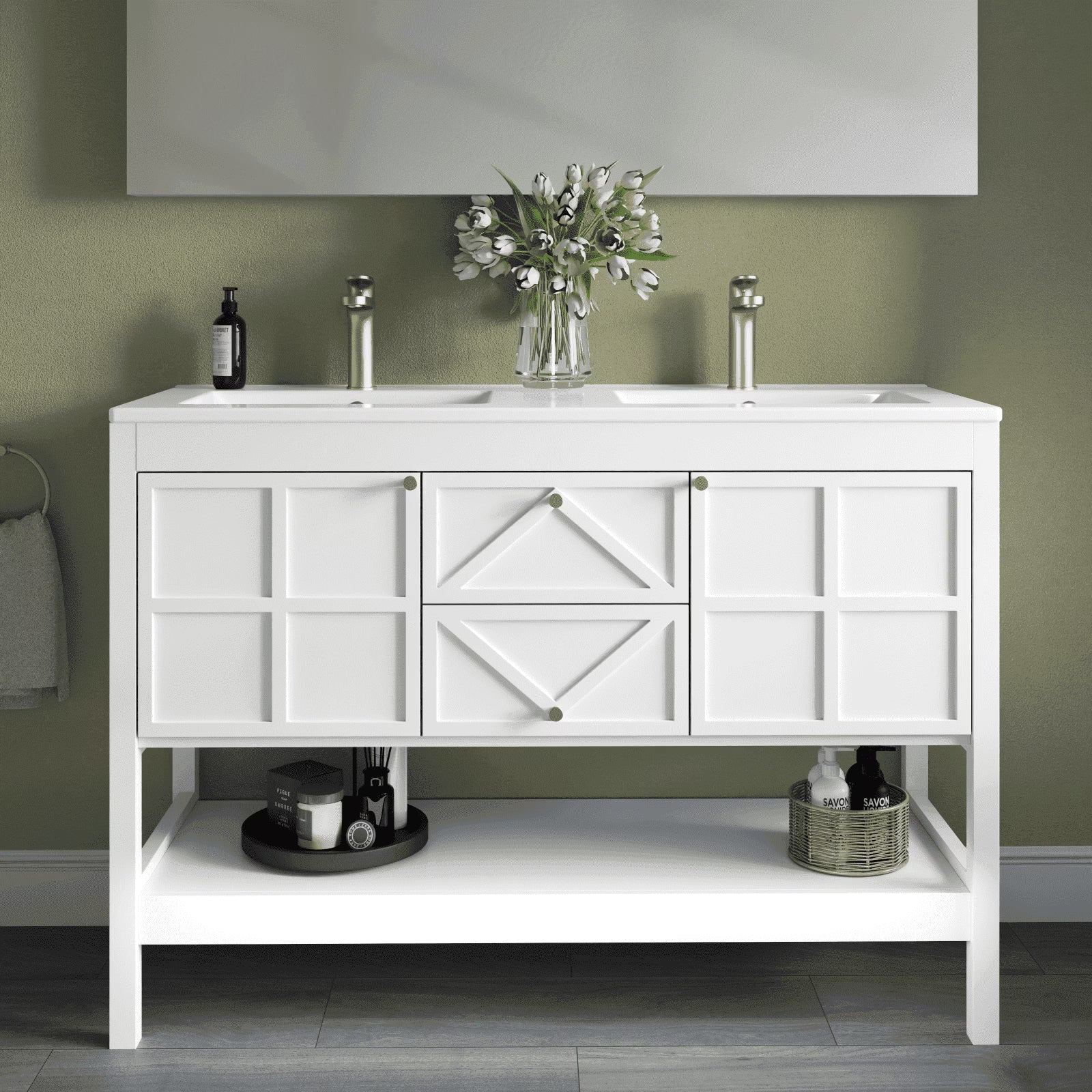 EVOKEDEN 48" Bathroom Vanity with Double Sink Combo, Undermount Sink Bathroom Storage Cabinet with 2 Drawers & 2 Soft-Close Doors, Freestanding Farmhouse Cabinet with Open Storage Shelf, White