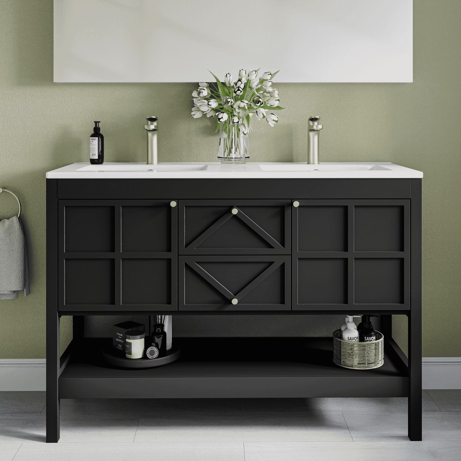 EVOKEDEN 48" Bathroom Vanity with Double Sink Combo, Undermount Sink Bathroom Storage Cabinet with 2 Drawers & 2 Soft-Close Doors, Freestanding Farmhouse Cabinet with Open Storage Shelf, Black