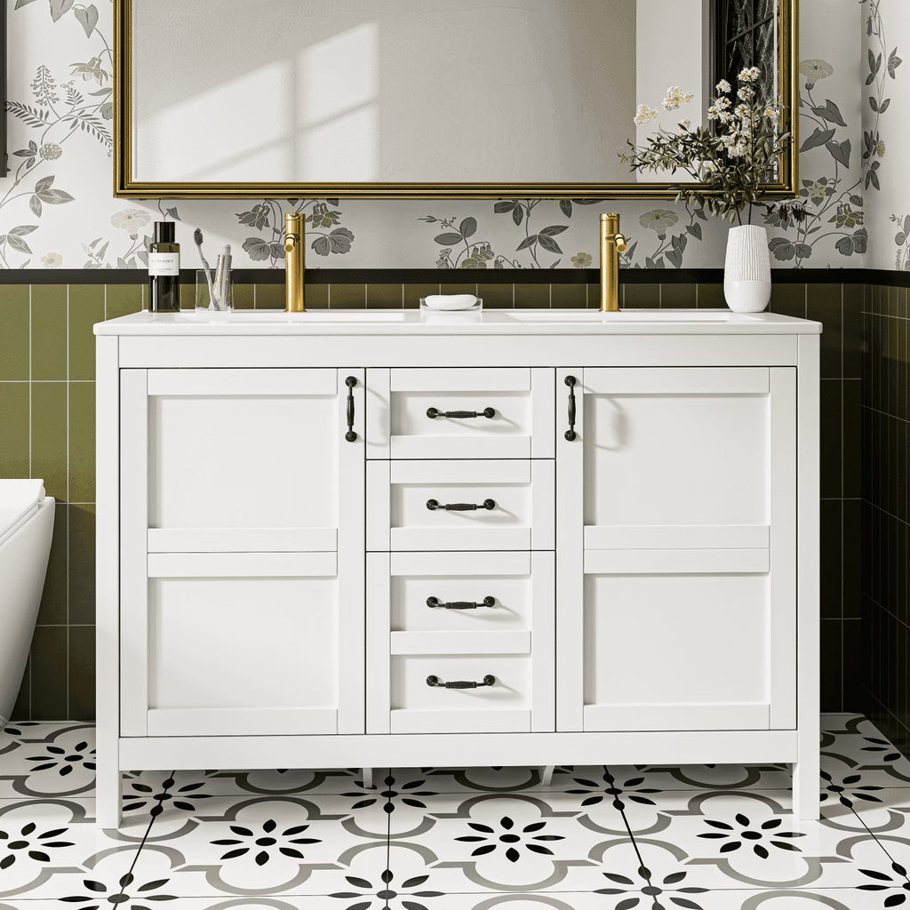 EVOKEDEN 48'' Bathroom Vanity with Sink Combo, Freestanding Farmhouse Thickened Wood Bathroom Storage Cabinet with Undermount Double Sink, 3 Drawers & 2 Soft-Close Doors with Organizers, White