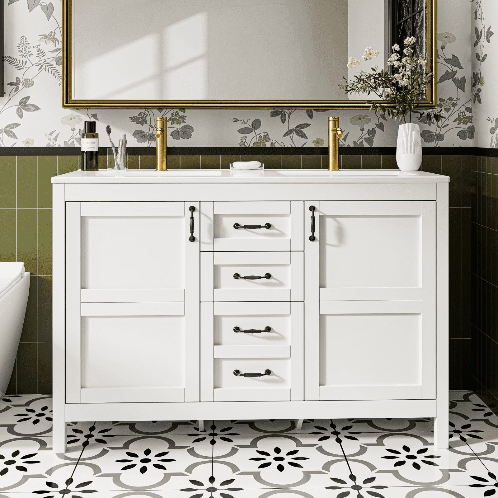 EVOKEDEN 48'' Bathroom Vanity with Sink Combo, Freestanding Farmhouse Thickened Wood Bathroom Storage Cabinet with Undermount Double Sink, 3 Drawers & 2 Soft-Close Doors with Organizers, White